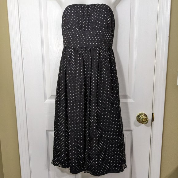 J. Crew 100% Silk Black w/Tan Polka Dots Strapless Midi Dress - size 2 - Picture 1 of 10